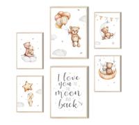 MeinBaby123® Poster per cameretta dei bambini, set da 6 poster, 2 pezzi, DIN A4 e 4xDIN A5, decorazione per la cameretta dei bambini, poster da parete Premium (orso e stelle V2)