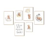 MeinBaby123® Poster per cameretta dei bambini, set da 6 poster, 4 pezzi, DIN A4 e 2 DIN A5, decorazione per la cameretta dei bambini, poster da parete Premium (stelle e orso V1)