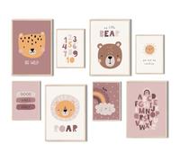 MeinBaby123® Poster per cameretta dei bambini, set da 8 pezzi, formato DIN A4 e DIN A5, decorazione per la cameretta dei bambini, poster da parete Premium (simpatici animali V6 - rosa)