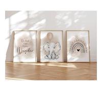 MeinBaby123 Set di 3 poster DIN A4, per cameretta dei bambini, per bambini, motivo elefante e palloncino beige