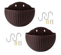 Meindin Fioriera da parete per piante da esterno, 2 vasi da fiori in finto rattan, semicerchio da appendere all'aperto con foro di drenaggio e ganci, supporto per piante