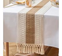 meioro Runner da Tavola con Cuciture Bicolore Boho, 33x180cm Runner da Tavolo Moderno con Nappe, Table Runner in Lino e Cotone per la Decorazione da Cucina, Sala da Pranzo, Soggiorno (Beige & Marrone)