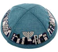 Meir Cohen Kippah in lino con viste ricamate di Gerusalemme, turchese