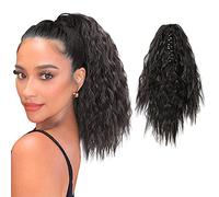 Meiriyfa, Extension per capelli a coda di cavallo con capelli sintetici neri corti ondulati, da fissare con una pinza per capelli, resistenti al calore, per uso quotidiano, 40 cm