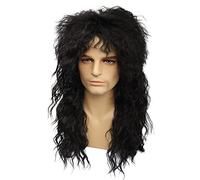 MEIRIYFA - Parrucca da uomo stile anni '80, parrucca lunga e riccia nera, taglio mullet, stile rocker/punk, parrucca per Halloween, feste in maschera e cosplay