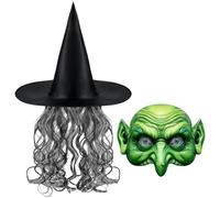 MEISH 2 cappelli da strega con capelli maschera da strega nera parrucca verde antico maschera da mago horror copricapo in lattice spaventoso puntello realistico costume di Halloween per travestimenti