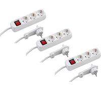 Meister Ciabatta elettrica a 3 prese, set da 3 pezzi, cavo da 2 m, colore bianco, spina extra piatta e interruttore illuminato, IP20, presa multipla, presa da tavolo, ciabatta con spina piatta