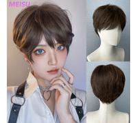 MEISU 8 pollici sintetico corto dritto parrucche da uomo frangia marrone fibra nera resistente al calore naturale e liscio da indossare ogni giorno per uomo parrucca