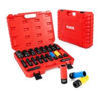 Meiwaltee 1/2" Set Bussole a Impatto 10 -32 MM, 19 pezzi Set di chiavi a bussola, con 17-19 -21 MM Bussole Ruota in Lega Protettivo Dado Capocorda, per cambio ruota | Cr-Mo | 85 MM di lunghezza