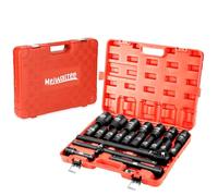 Meiwaltee 3/4" Set di Bussole a Impatto | 90MM Profondo | Assortimento Jumbo da 22 pezzi Dado a impatto profondo Misure metriche 19-50 mm | Chiave a cricchetto | Barre di estensione | Acciaio Cr-Mo.