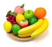 Meiwlong 10 frutti artificiali decorativi per la casa, banana, limone, arancia, fragole, mela, pesca, uva, diversi oggetti di scena realistici per fotografia