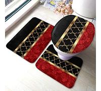Meiya-Design Elegante set di 3 tappetini da bagno con motivo a quadrifoglio rosso, nero e oro, morbidi tappeti da doccia, tappetino contorno e copriwater - perfetta combinazione di lusso e comfort