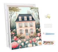 MEIYUDA Dipingere con i Numeri Adulti con Telaio Villa Blossom, Kit di Pittura a Olio su Tela Fai-da-Te con Pennelli Pittura a Pigmento Acrilico Disegno, Decora la Casa Regalo 30x40cm