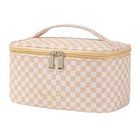 Meiyuuo Trousse per trucchi piccola da donna, con cerniera, organizer per trucchi, impermeabile, carino, Plaid Khaki, Carry-on Medium, Plaid