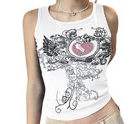 Meladyan Donna Cuore Strass Stampa Grafica Senza Maniche Crop Tank A Costine Fairy Grunge 90s E-Girl Goth Vest Shirt Top, bianco, L
