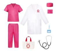 Meland Costume da dottore per ragazze, scrub per bambini, con camice da laboratorio e borsa per il trasporto, vestito da dottore, per Halloween, giochi di ruolo per la giornata della carriera (rosa, 9