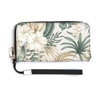 Melbrakin Portafoglio da polso da donna con fiore di ibisco, foglia di palma verde salvia tropicale Portafogli di grande capacità per pochette lunghe da donna Borsa in PU stampato con cerniera