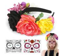 Meleager Blumen Haarreif, Rosen Haarreif, Haarreif Blumen Karneval Bunt, Dia de Muertos Haarreif, Temporäres Gesichtstattoo, 3 Stück Kostüm Accessoires für Karneval, Tag der Toten, Halloween
