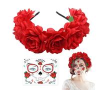 Meleager Blumen Haarreif, Rosen Haarreif Rot, Haarreif Blumen Karneval, Dia de Muertos Haarreif, Temporäres Gesichtstattoo, 2 Stück Kostüm Accessoires für Karneval, Tag der Toten, Halloween