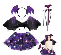 Meleager Costume Pipistrello Bambina, Costume Halloween Bambina, 4 Pezzi Vestito Halloween Bambina con Ali Pipistrello, Viola Tutù, Cerchio per Capelli e Bacchetta per Cosplay Party