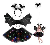 Meleager Costume Pipistrello Bambina, Halloween 4 Pezzi: Vestito con Ali, Nero Tutù, Cerchio per Capelli e Bacchetta per Cosplay Party