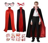 Meleager Costume Vampiro Halloween, 7 Pezzi 150cm Reversibile Mantello Dracula Rosso e Nero con Papillon Insanguinato, Occhiali, Adesivi per Ferite, per Halloween, Cosplay e Feste Horror