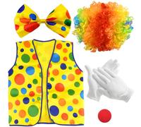Meleager Costumi Clown Accessori, 5 Pezzi Set di Costumi da Pagliaccio, Parrucca Clown Riccia, Naso da Clown Rosso, Gilet, Guanto, Papillon, Vestiti da Clown per Carnevale Circo Cosplay