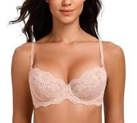 MELENECA Reggiseno a Balconcino da Donna Pizzo Sexy Push Up Taglie Forti Trasparente con Ferretto Non Imbottito Beige 6B