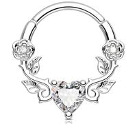 Melighting Orecchino per cartilagine a forma di vite, con zirconia cubica, 16 g, per piercing al setto nasale, anello a segmento incernierato a forma di cuore, 10 mm, Acciaio inossidabile