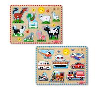 Melissa & Doug Pacchetto di 2 Puzzle Sonori in Legno per Bambini e Bambine in Età Prescolare - Animali della Fattoria, Veicoli