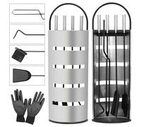 Melko Set di attrezzi per camino, 6 pezzi, con pratico contenitore per camino, per cucina, casa, camino, con supporto, in argento