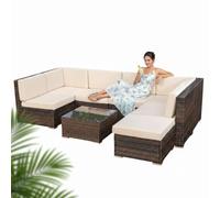 Melko Set divano angolare in polyrattan per giardino, gruppo lounge da giardino con cuscini, clip di collegamento e piedini di supporto con viti