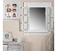 Melko Specchio da parete con persiane - 64 x 54 cm - Bianco shabby chic - Specchio finestra con ripiano - Specchio sospeso con finestra - Cornice per foto 13 x 13 cm