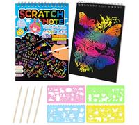 MELLIEX Scratch Art Notes per Bambini, Set di 2 Blocco da Disegno Arcobaleno Scratch Paper con 4 Penne Stilografiche in Legno e 4 Righelli da Disegno per Disegni, Giochi e Scrittura