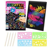 MELLIEX Scratch Art Notes per Bambini, Set di 2 Blocco da Disegno Arcobaleno Scratch Paper con 4 Penne Stilografiche in Legno e 4 Righelli da Disegno per Disegni, Giochi e Scrittura