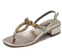 Melluso K58019 Gold Infradito Elegante per Signora in Pelle con zirconi Oro Tacco Basso (Taglia 38)