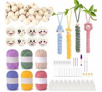 mellystore Uncinetto per Principianti Kit Animale All'Uncinetto,Include 6 x 25 g di Filato,40 Palline di Legno con Viso,Uncinetti,Kit per Uncinetto per Bambini e Adult