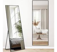 Melodieux Specchio a figura intera, 161 x 52 cm, grande, autoportante, cornice in alluminio nero, da appendere alla parete, per soggiorno e camera da letto