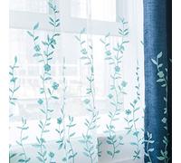 Melodieux, Tenda trasparente con ricamo floreale per soggiorno, patio, porta scorrevole e finestra larga, con tasca per asta, drappo in voile, 254 x 244 cm, colore: bianco/blu (1 pannello)
