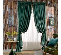 Melodieux Tende oscuranti in velluto con pompon per camera da letto e soggiorno, tende foderate con tasca per asta, lussuose e vintage, con tasca per asta, 132 cm di larghezza x 213 cm, verde antico