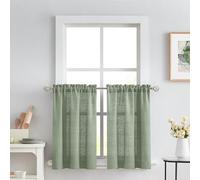 Melodieux Tende semi velate, lunghezza 91 cm, per cucina, bar, camera da letto, piccole finestre, effetto lino, con tasca per asta, tende corte in voile, 2 pannelli, colore: verde salvia