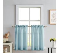 Melodieux Tende semitrasparenti blu, lunghezza 100 cm, per cucina, caffetteria, camera da letto, piccole finestre, effetto lino, con tasca per canna, tende corte in voile, 2 pannelli
