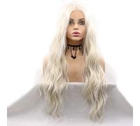 Melody 60# Parrucca sintetica bianca con pizzo frontale, parrucca con onda sciolta con riga centrale, densità 180%, mezza legata a mano, in fibra resistente al calore, regalo per capelli da 61 cm