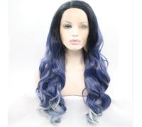 Melody Wig Parrucca sintetica con pizzo frontale, colore grigio argento, nero, blu, colori misti, ombreggiato ondulato, fibra resistente al calore, 61 cm