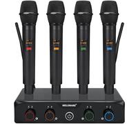 MELONARE Sistema Microfonico Wireless a 4 Canali UHF Compatto, 4x10 Frequenze, Portata di 200 piedi, Microfoni Dinamici Palmari per Canto, Karaoke, Chiesa, DJ, Matrimoni e Altre Occasioni (MWM-41-4H)