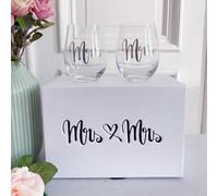 melovely Set regalo di nozze Happy Hearts per la coppia di sposi | 7 pezzi | con bicchieri universali | scatola premium luccicante con goffratura e fiocco (MRS & MRS - 2 donne)