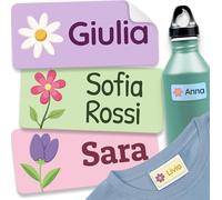 melu kids® Etichette Adesive Personalizzate (120 pezzi, Fiori) - Etichette Per Vestiti e Oggetti, Sticker Personalizzabili Resistenti all'Natura Per Scuola e Asilo