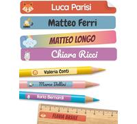 melu kids® Etichette Adesive Personalizzate per Scuola (225 pezzi) - Adesivi Personalizzabili per Penne, Matite e Cancelleria, Resistenti all'Acqua - Arcobaleno