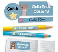 melu kids® Set di Etichette Adesive Personalizzate Scuola [60, Blu] - Etichette Adesive per Matite, Quaderni, Materiale Scolastico e Oggetti - Resistenti all'Acqua - Tre Dimensioni