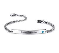 MeMeDIY Bracciale Birthstone Personalizzato Nome/Data Dell'incisione per Le Donne Ragazza Catena a Maglie Regolabili in Acciaio Inossidabile Regalo Damigella d'Onore(Colore Argento)